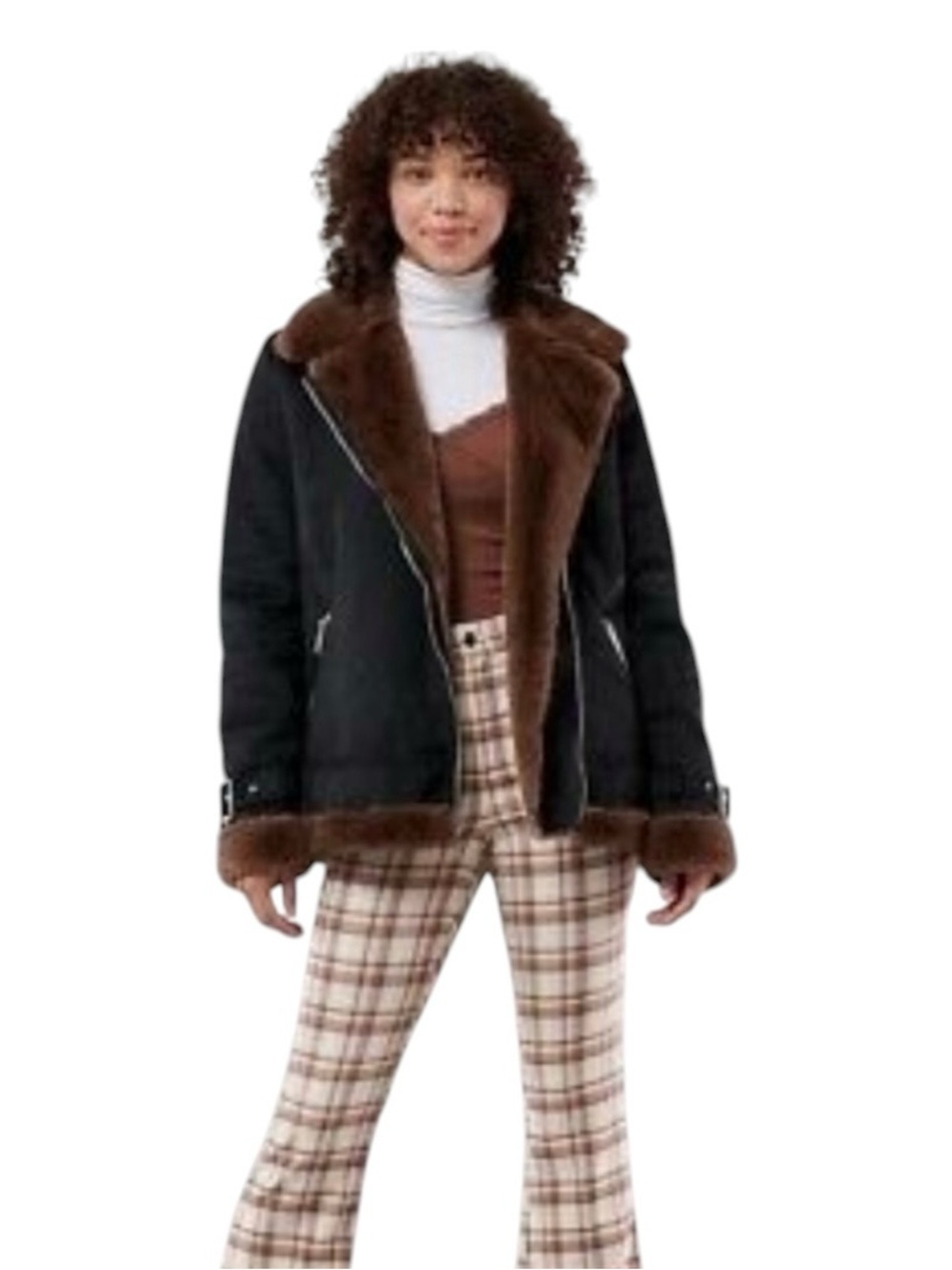 EUC HOLLISTER FAUX BLACK SUEDE & FAUX BROWN FUR JACKET BIKER MOTO SIZE S